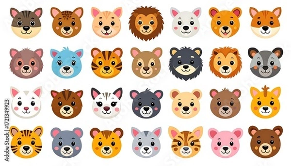 Fototapeta Cute animal faces in a grid.  Collection of cartoon animals