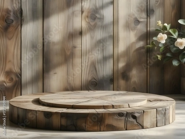 Fototapeta Wooden stage with flowers for product display offers a rustic, natural aesthetic perfect for showcasing your brand's unique style and charm