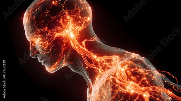 Fototapeta Human Nervous System with Glowing Electrical Impulses and Brain Activity