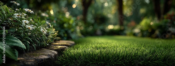 Obraz Spring Green Grass Sunlight Bokeh Background, Banner Design Nature Landscape with Product Placement Space
