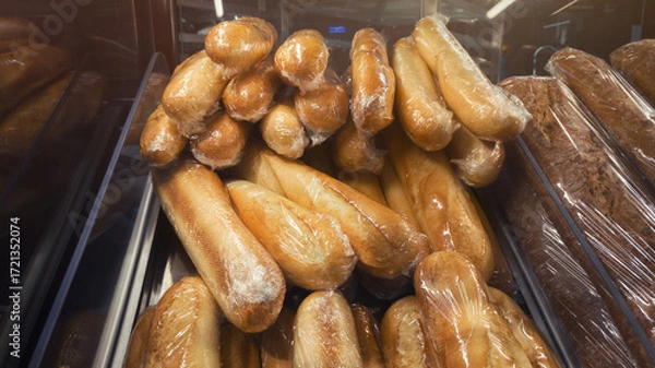 Fototapeta Bread showcase in market with wheat baguettes wrapped in plastic.