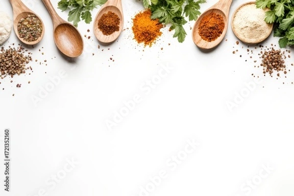 Fototapeta Food background with spices, herbs and utensil on white background.