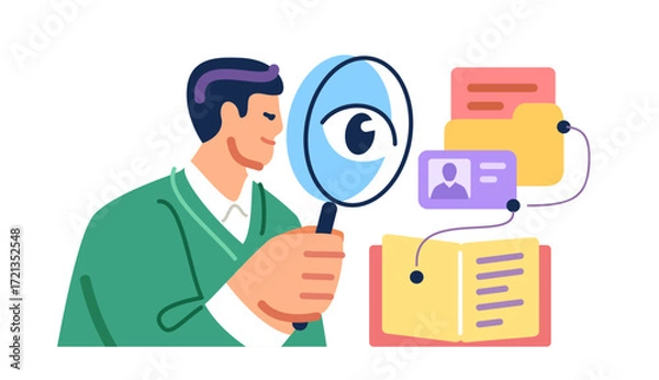 Fototapeta Businessman holding magnifying glass to find files, looking and analyzes documents. File search, inspection of archives
