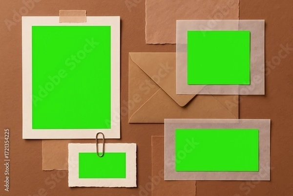 Fototapeta A flat-lay artistic collage/ mood board on a soft chocolate brown background with layered bright green paper boxes. 