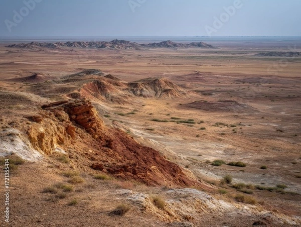 Fototapeta Aerial view of red desert landscape with rolling hills, whiskey rock formations, layered earth strata and sparse vegetation under vast sky, Kaltar desert nature scene.