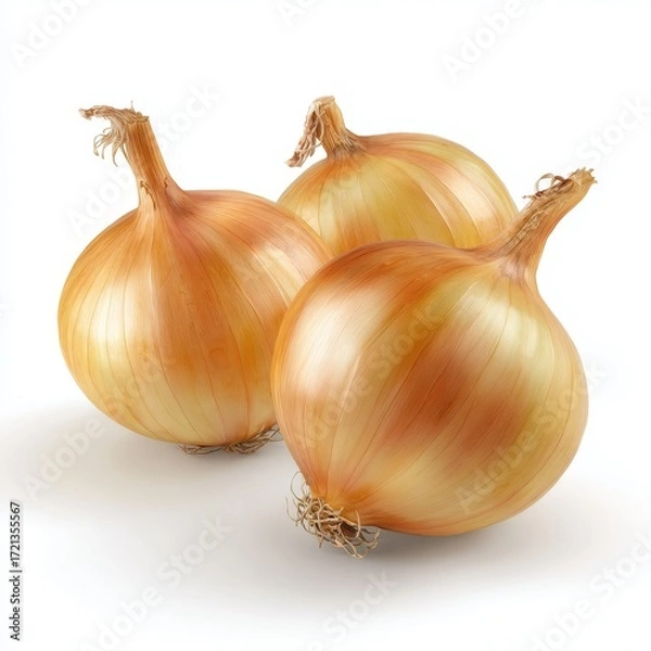 Fototapeta Three whole golden yellow onions isolated on pure white background, photorealistic still life with natural texture and fresh vegetable concept.