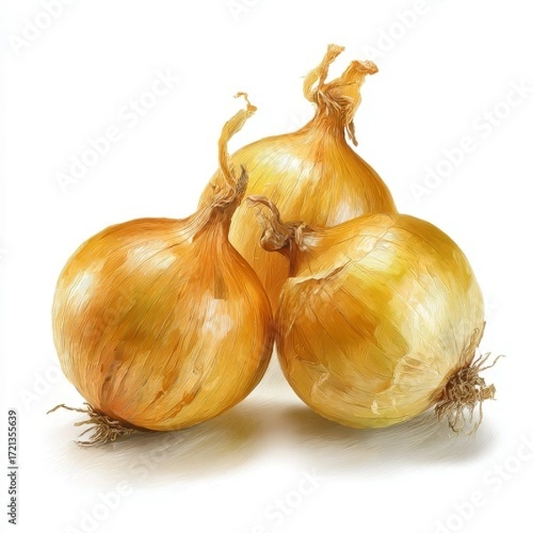 Fototapeta Three whole golden yellow onions isolated on pure white background, photorealistic still life with natural texture and fresh vegetable concept.