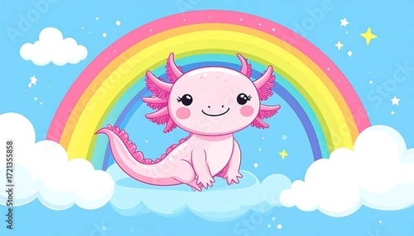Fototapeta Cute axolotl on a cloud with a rainbow