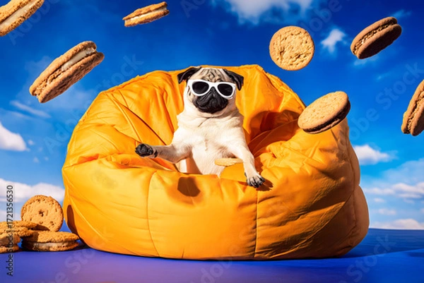 Fototapeta Cool Pug Dog Wearing Sunglasses Relaxes in Orange Bean Bag with Flying Cookies