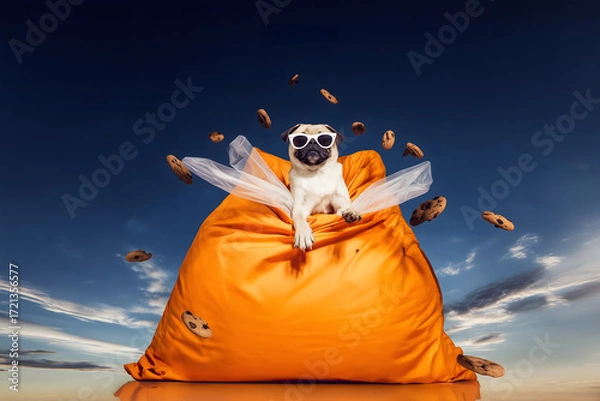 Fototapeta Cool Pug Dog with White Sunglasses on Orange Bean Bag Chair with Floating Chocolate Chip Cookies