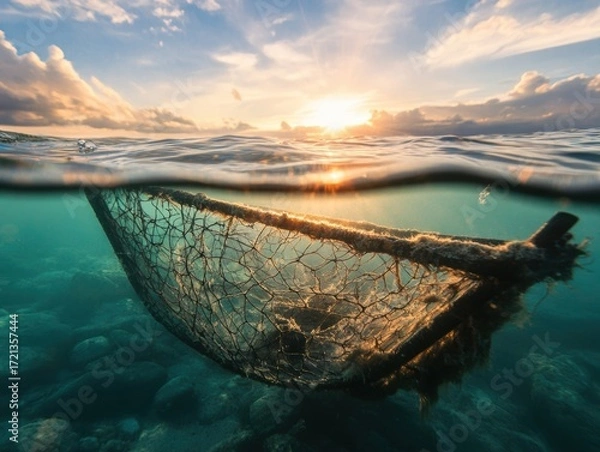 Obraz Sunlight filters through water as a fishing net rests on the ocean floor during sunset