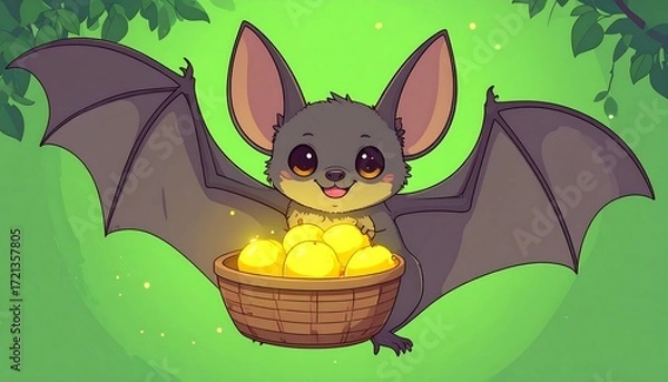 Fototapeta Cute bat with glowing fruit