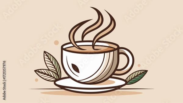 Fototapeta Simple minimalist line drawing of coffee cup and steam, elegant warm vibe, smooth clean strokes, great for café branding, invitations, cozy-themed posters, or modern decorative illustrations