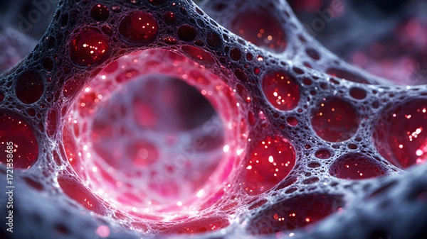 Fototapeta Abstract Microscopic Biological Network with Glowing Red Energy Particles and Intricate Cellular Structures