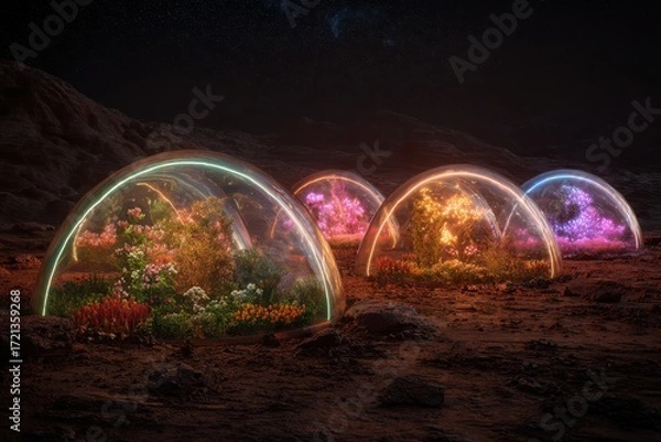 Fototapeta Futuristic Domes Illuminate Lush Gardens on Mars Under Starry Night Sky.