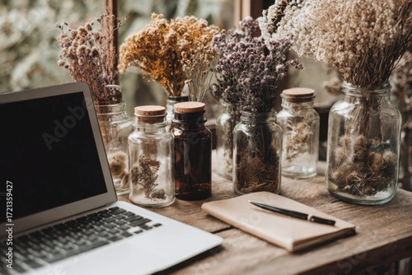 Fototapeta Rustic Workstation with Dried Flowers, Laptop, and Notebook on Wooden Desk.