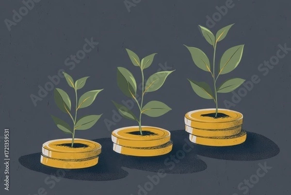 Fototapeta Growing Plants on Coins Representing Financial Growth and Investment Success.