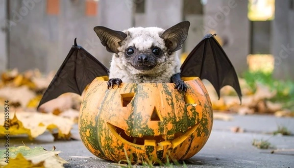 Fototapeta Cute bat-winged creature in a carved pumpkin