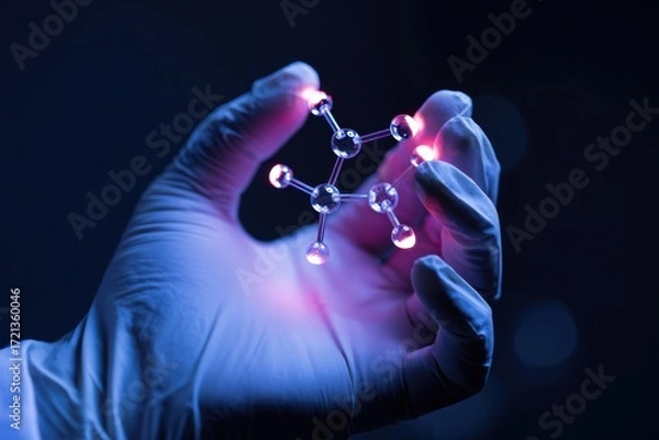 Fototapeta Scientist Hand Holding Molecular Model Illuminated by Neon Lights in Laboratory.