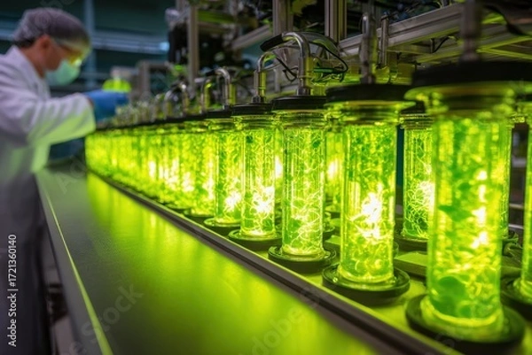 Fototapeta Scientist Conducting Biofuel Research in Lab with Green Glowing Vials.