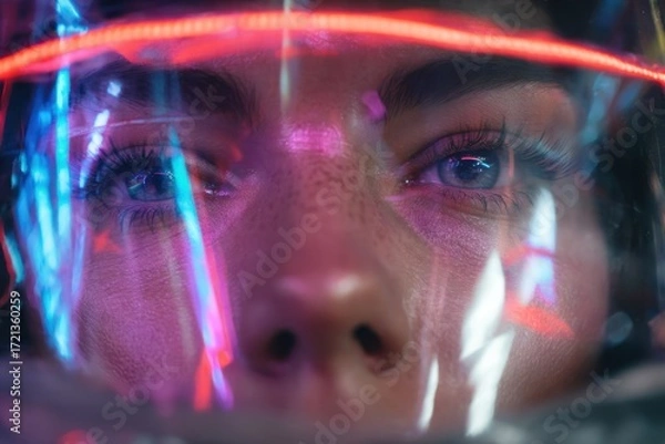 Fototapeta Futuristic Astronaut Visor Reflecting Neon Lights Close-Up Portrait in Space.