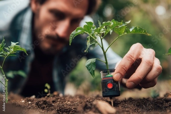 Fototapeta Man Using Soil Sensor for Tomato Plant Care in Garden for Sustainable Growth.