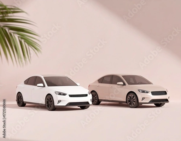 Fototapeta cars for display, car for middle class employee, palm leaves shadow