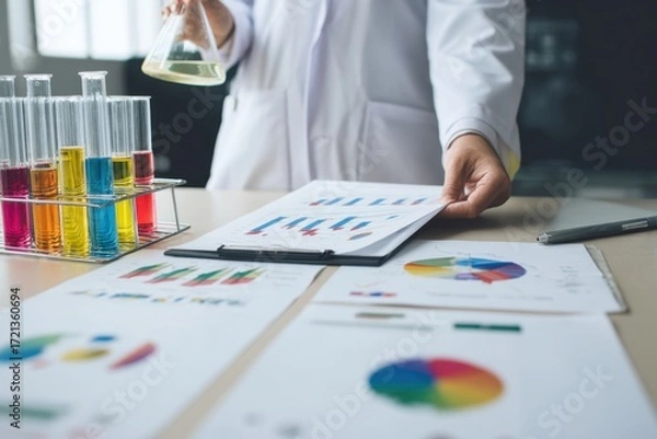 Fototapeta Scientist Analyzing Chemical Samples and Data Charts in Laboratory Setting.