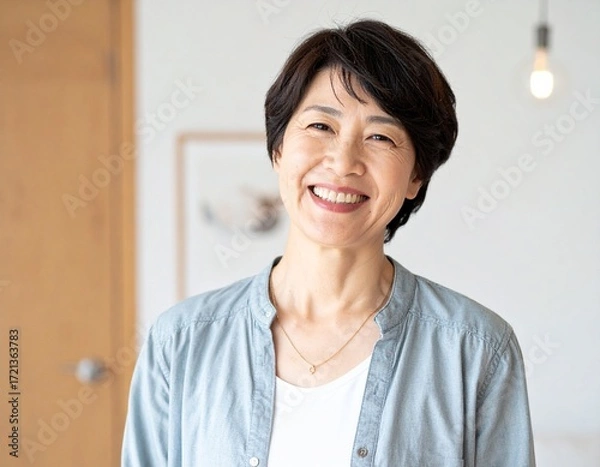 Fototapeta 自然な笑顔の日本人中年女性（50代）・爽やかで健康的な印象のポートレート