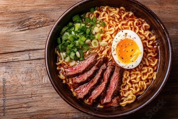 Fototapeta Close-up View of Delicious Beef Ramen Noodles Bowl