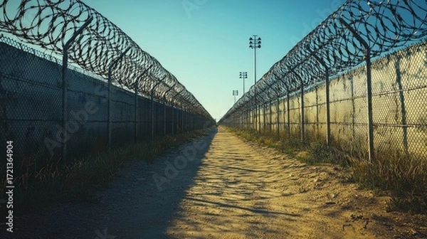 Fototapeta Maximum Security Prison Yard with Barbed Wire Fences