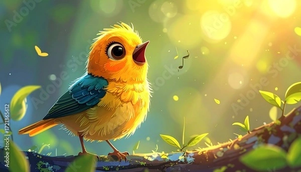 Fototapeta Cute bird singing in a sunlit forest