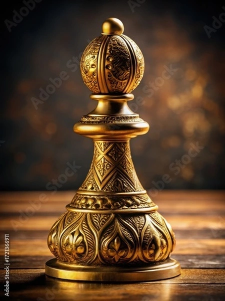 Fototapeta Ancient golden chess pawn with intricate carvings on its surface