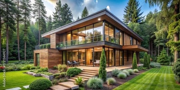 Fototapeta A modern wooden house with large windows and a lush landscaped garden surrounded by tall trees and vibrant greenery