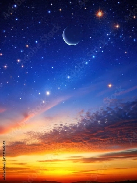 Fototapeta Celestial canvas at dusk with scattered stars and a crescent moon