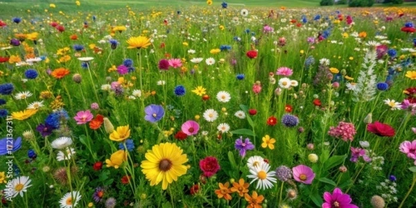Fototapeta A serene top view of a lush green grass field dotted with vibrant wildflowers in various stages of blooming