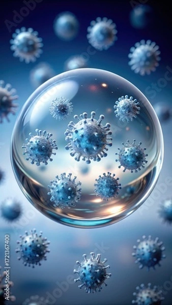 Fototapeta Spherical bacteria in clear fluid suspended motion
