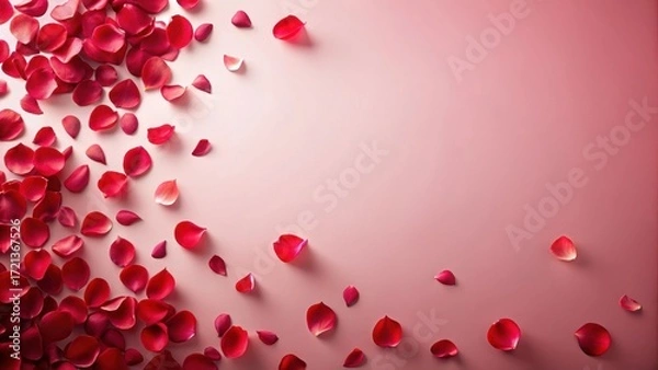 Fototapeta Red rose petals scattered on a soft pink background with a subtle gradient effect