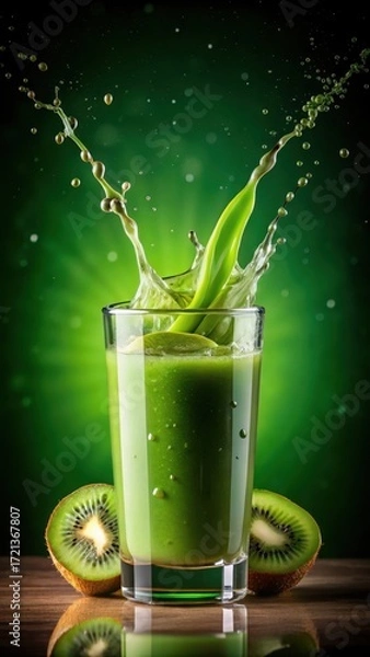Fototapeta Fresh green kiwi fruit juice being splashed in a glass