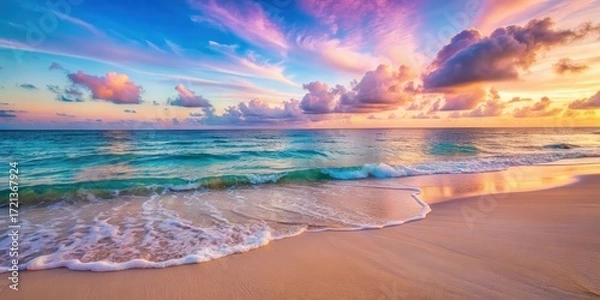 Fototapeta Azure ocean waves gently lapping against the shore of a serene pink beach at sunset