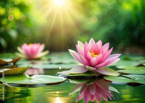 Fototapeta Pink lily pads with green background in sunlit wild