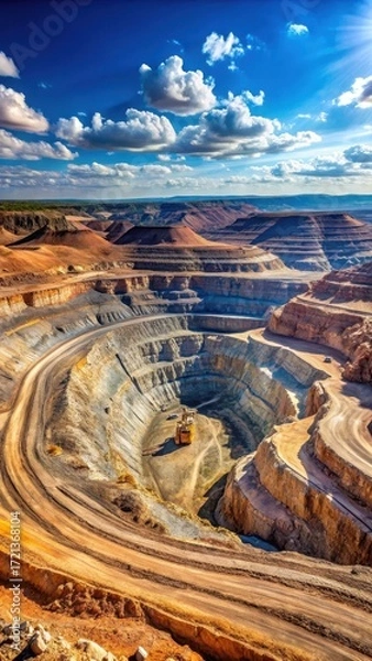 Fototapeta Panoramic view of vast open-pit mine with large ore deposits and mining equipment