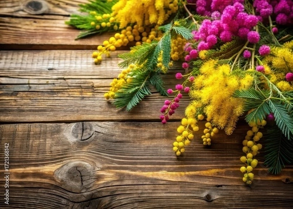 Fototapeta Colorful mimosa blooms scattered across a rustic wooden table