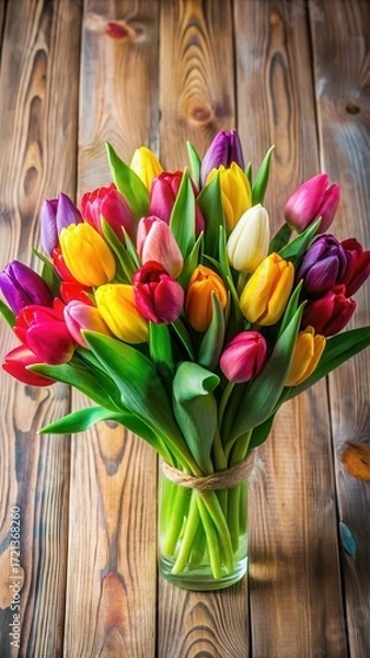 Fototapeta Vibrant tulips in a colorful bouquet arranged on a wooden table