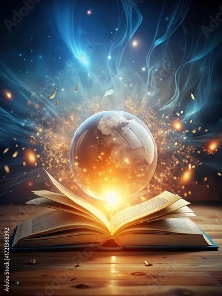 Fototapeta A glowing sphere slowly rises from the pages of an open book
