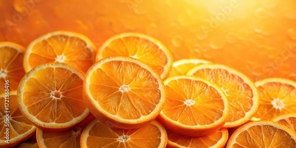 Fototapeta Fresh orange slices on a vibrant orange background with slight texture and natural light effects