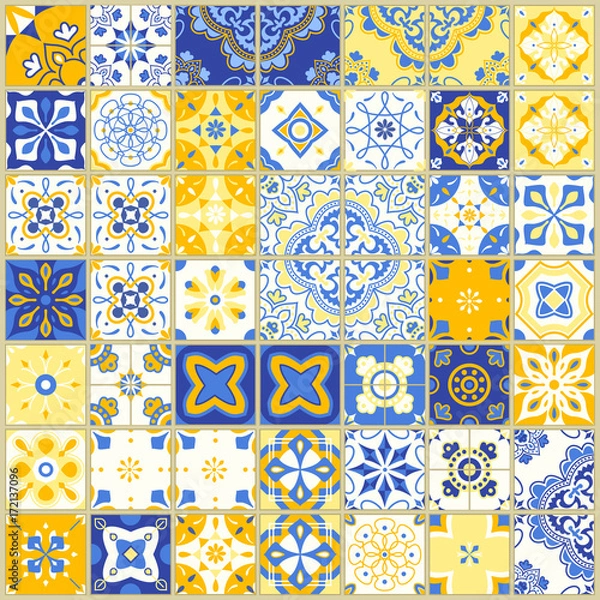 Obraz Seamless pattern with portuguese tiles. Vector illustration of Azulejo on white background. Mediterranean style. Blue and yellow design.