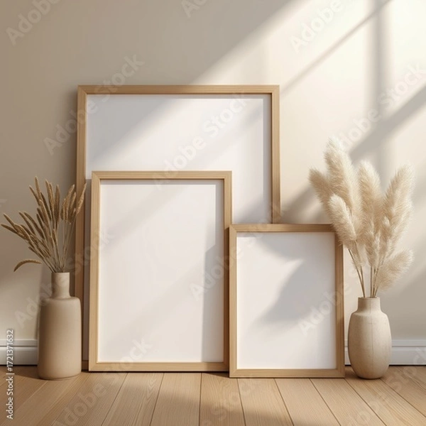 Obraz Three Poster Frames of Different Sizes Leaning on Beige Wall with Pampas Grass Vase, Minimalist Mockup