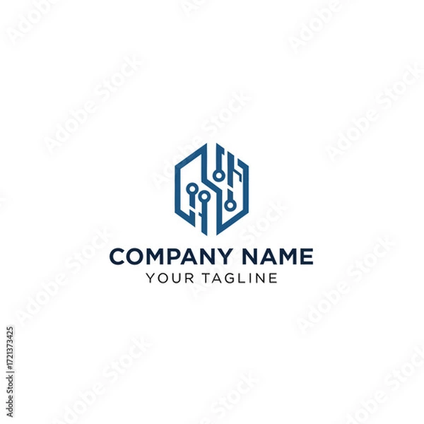 Fototapeta A modern hexagonal logo with circuit board elements, representing technology and innovation, accompanied by placeholder text for company name and tagline.