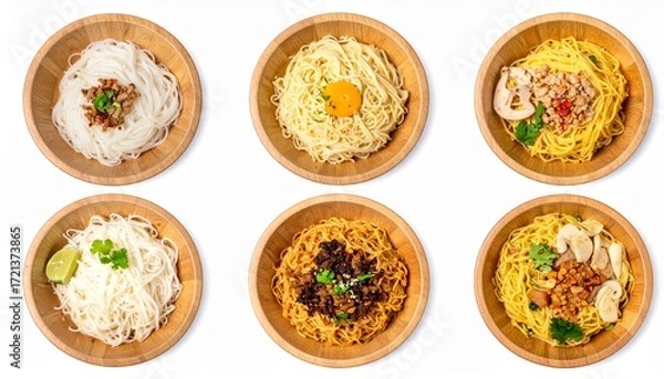 Fototapeta different noodle  in different wooden bowls